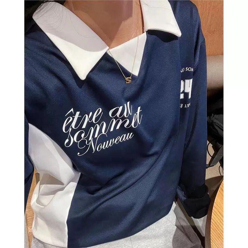 

Южная Корея Ретро Лацканы Цветной блок Цифровой Ин Футболка с длинными рукавами Navy