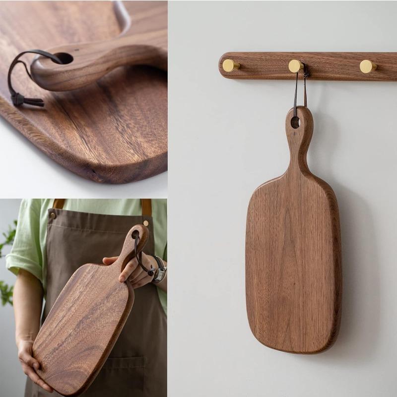 1pc Wood Small Cutting Board with Handle, Black Walnut Wooden Chopping Boards for Bread, Vegetables & Fruits, Dinner Cheese Board with Hole