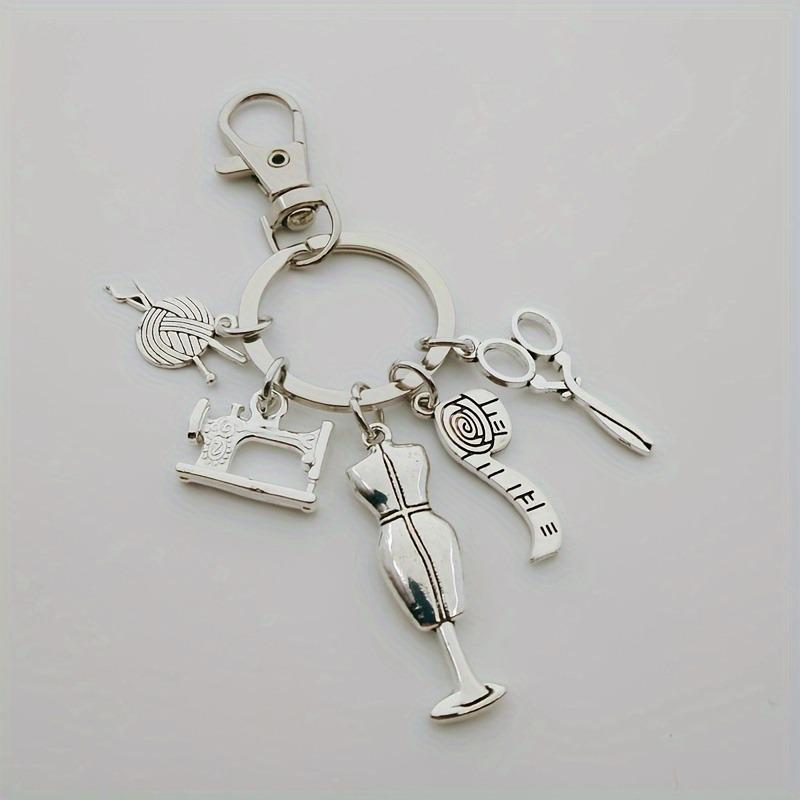 European & American Fashion Designer Sewing Keychain Charms: Scissors, Ruler, Buttons, Needle, Thread