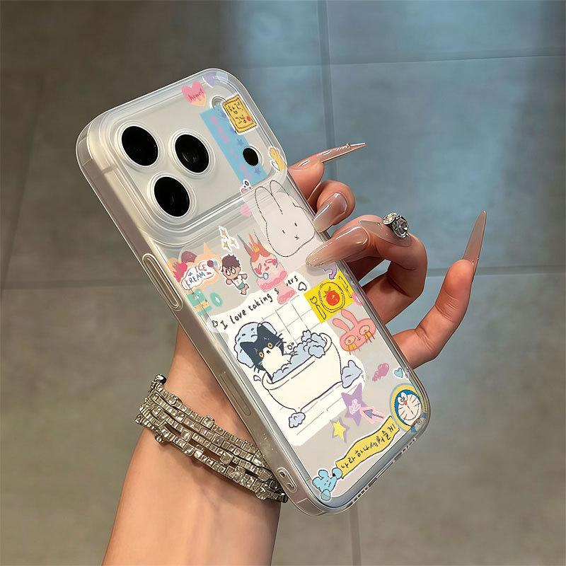 Transparent Phone Case with Integrated Buttons for Apple 16/17, Frosted Edges, Cartoon Design, Compatible with 13, 16Pro, and 17ProMax Models.