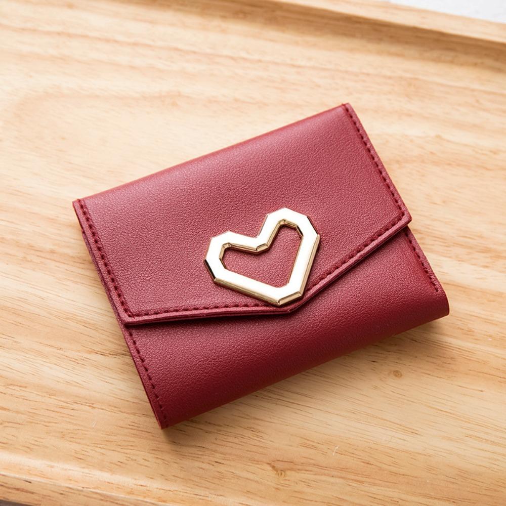 Fashion PU Leather Square Trifold Wallet 5 Colors Heart-Shaped Short Wallet Coin Purse Women Girls
