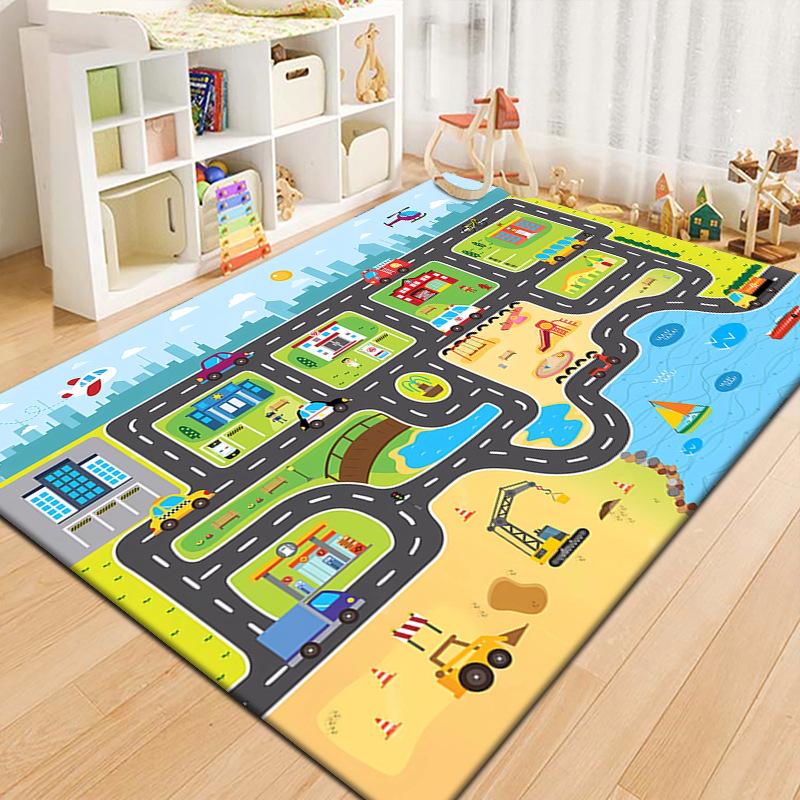 Cartoon Roadway Velvet Rug: Durable, Dirt-resistant Play Mat for Kids
