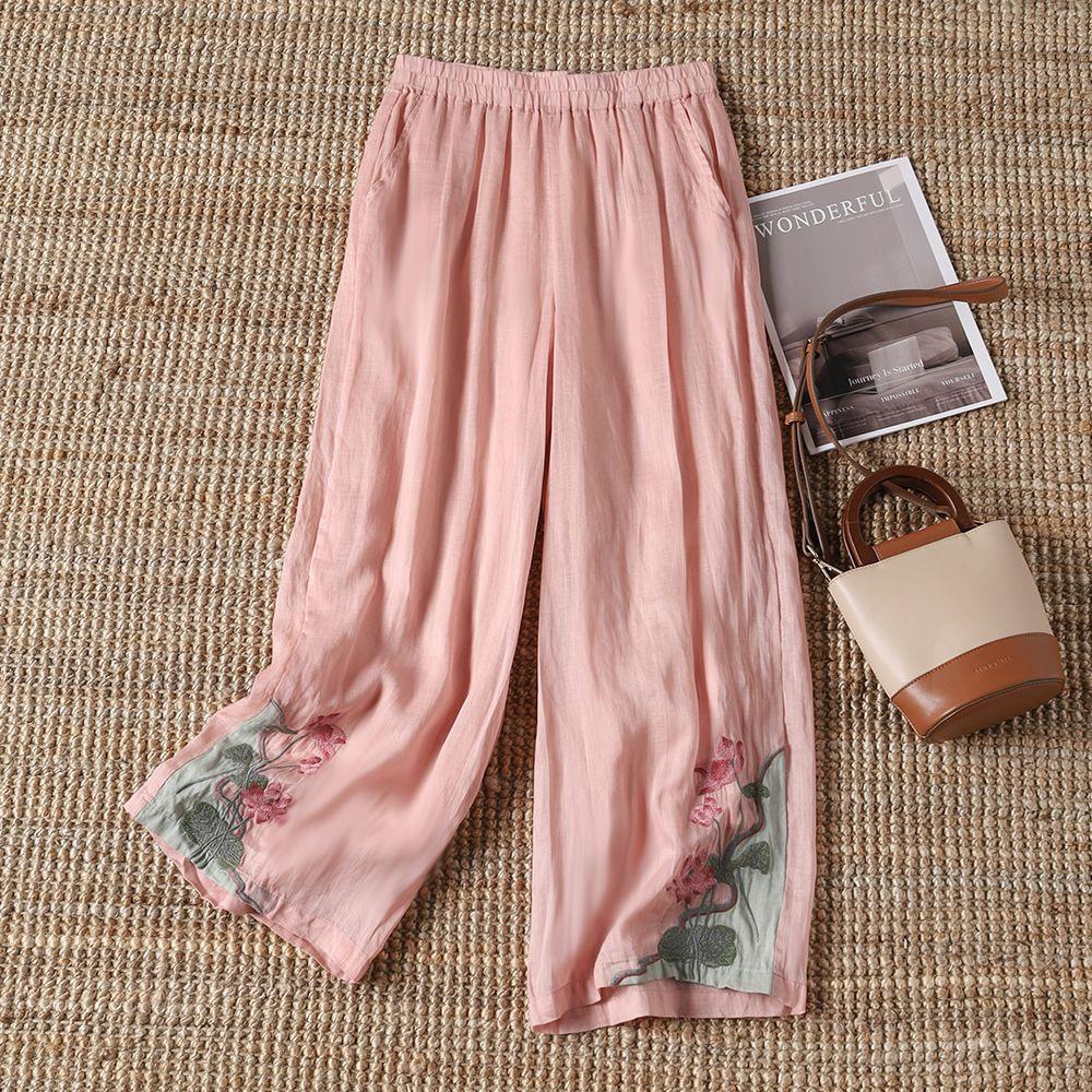 

Chinese Retro Summer Wide-Leg Embroidered Pants - High Waist, Breathable, Slimming, Casual for Women M розовый