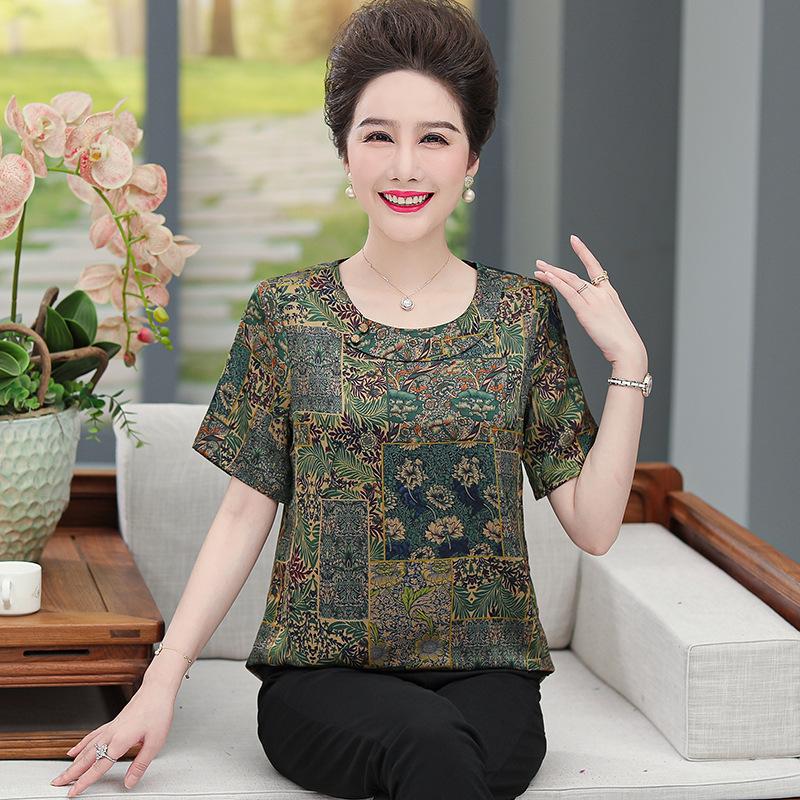 

Premium Mulberry Silk Tummy-Covering Short-Sleeve Top for Elderly Women XL (Recommended 50-55 kg) зелений