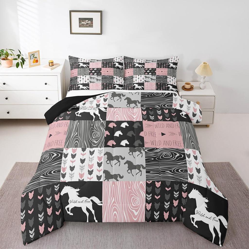 Erosebridal Horse Quilt Twin Size, Farmhouse Western Cowboy Cowgirls Duvet Insert for Kids Boys Girls Teens, Cartoon Kawaii Horse Bedding Se