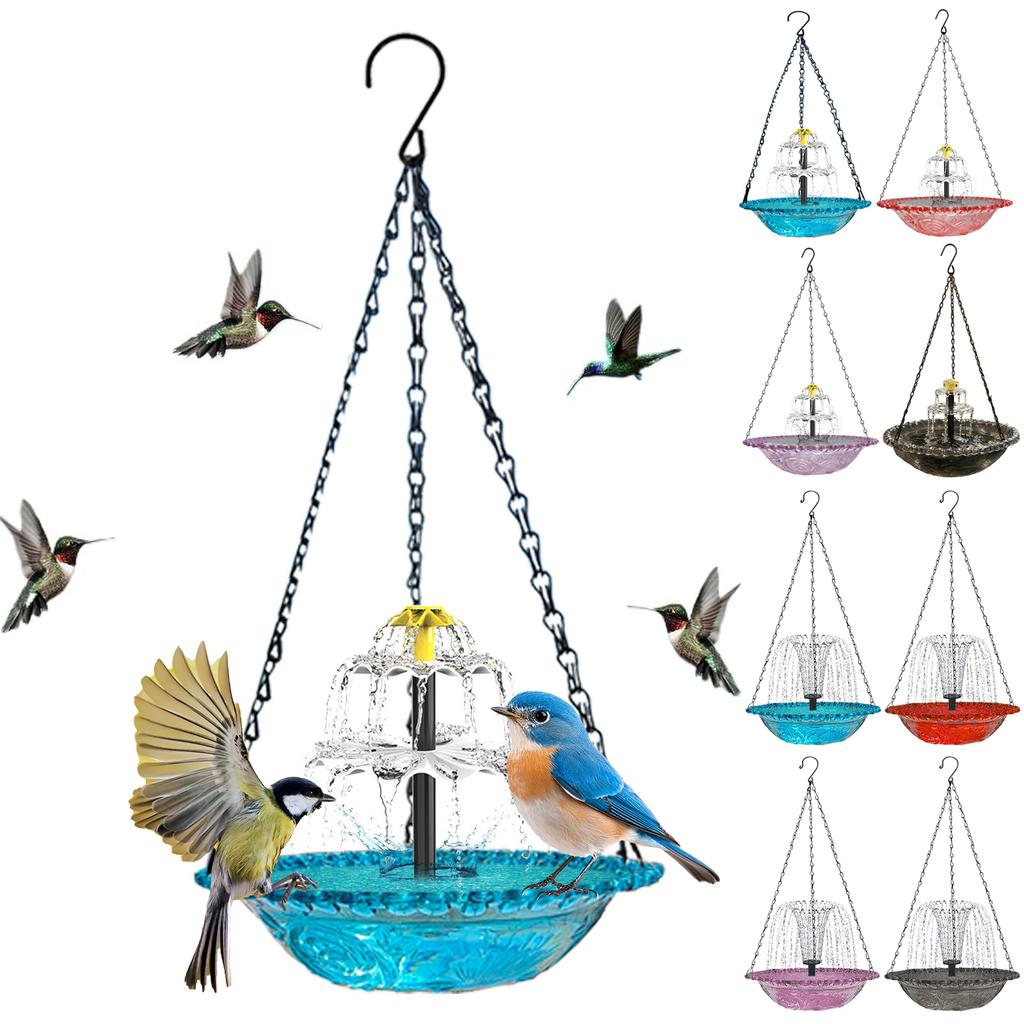 Hanging Birds Bath with Solar Fountain Pump Outdoor Garden Hummingbird Feeder Tray Water Fountain Birdbath Bowl