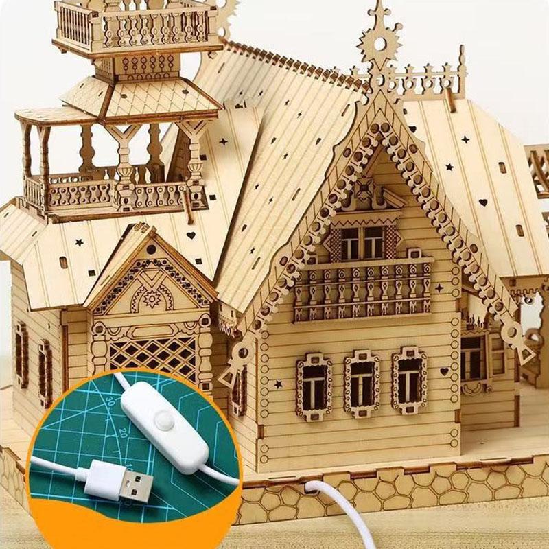 3D Wooden Jigsaw Puzzles For Adults Countryside Cottage Model Diy Illuminated Villa Miniature Building Kit Xmas Gift Boy Toys