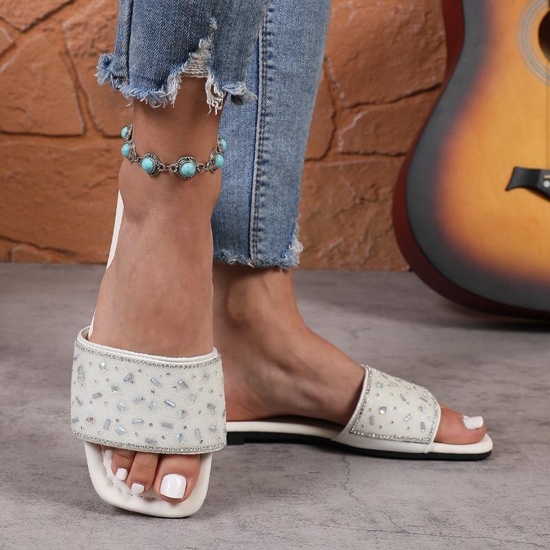 Women's Flat Rhinestone Slippers Women's One-line Sandals Peep-toe Beach Shoes