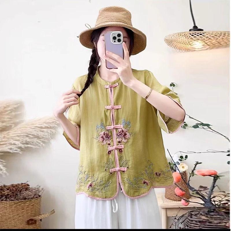 

Ретро рубашка с рукавом семь восьмых из хлопка и льна с китайской вышивкой и застежкой-лягушкой 3XL жёлтый