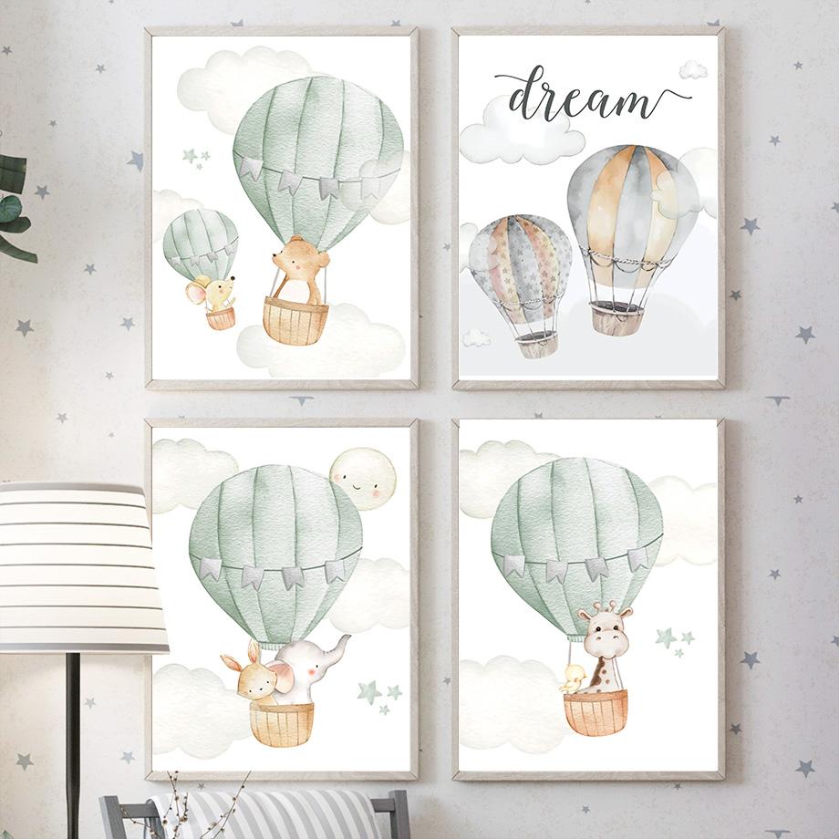 Horkovzdušný balón Auto Medvěd Králík Slon Sen Nástěnné umění Plátno Malba Plakáty a tisky Obrázek Dětský pokoj Dekorace