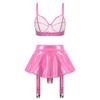 S-4XL Wet Look PU Leather Bra Top and Skirt Set No Underwire No Padding Integrated Thong Layered Hem Mini with Garter Clips for Night Party