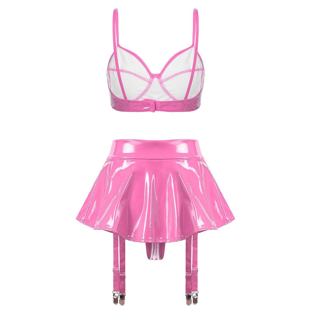 S-4XL Wet Look PU Leather Bra Top and Skirt Set No Underwire No Padding Integrated Thong Layered Hem Mini with Garter Clips for Night Party