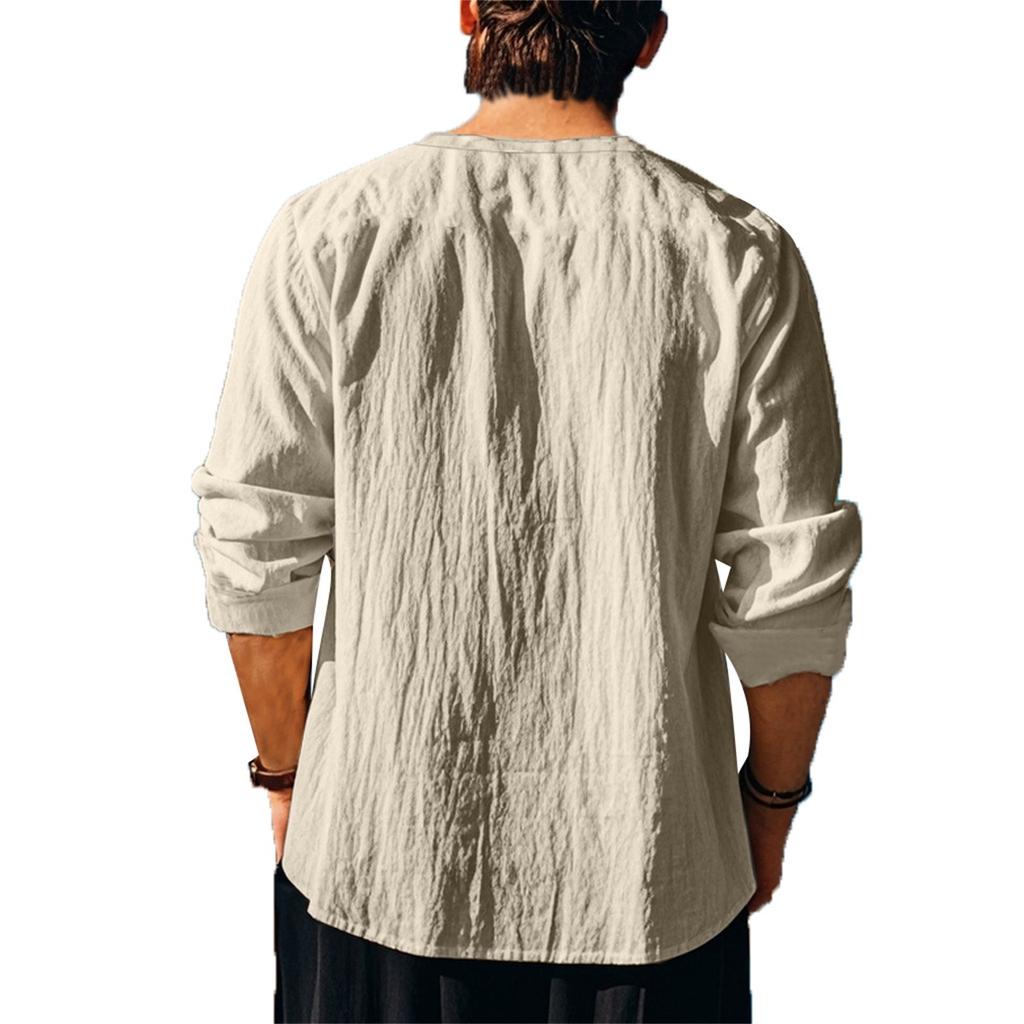 Men's Loose Casual Cotton And Linen Drawstring Collared Shirt Top