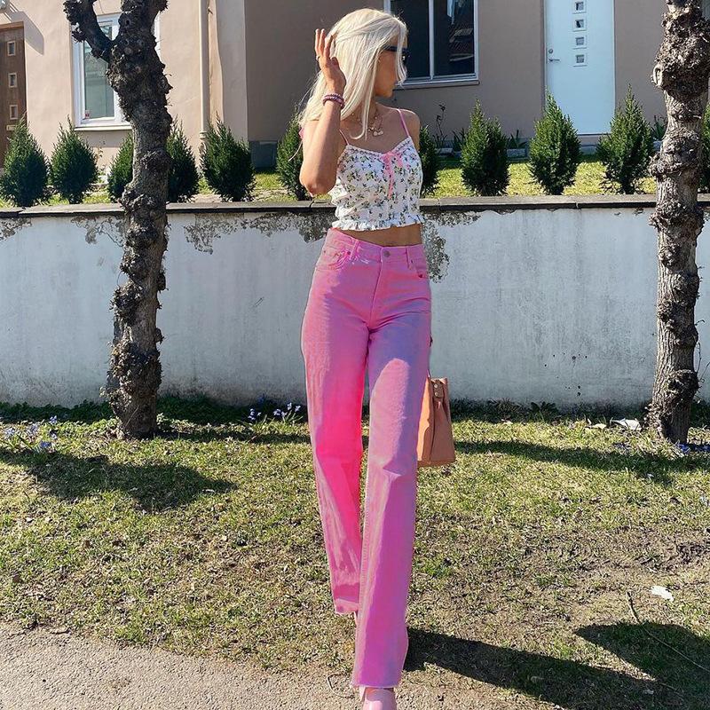 Moda Mujer Verano Rosa Vaquero Jeans Pantalones Vintage De color sólido  Pantalones Cintura Alta Dama Pierna Ancha Pantalones comprar a buen precio  — entrega gratuita, reseñas reales con fotos — Joom