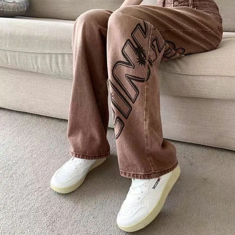 Amerikanska jeans med vida ben för kvinnor nya smala och löst sittande byxor med raka ben med hög midja och golvmopp Casual byxa