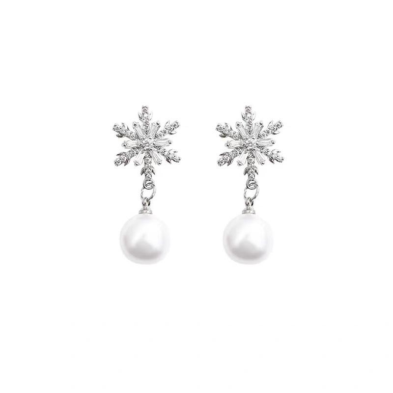 Autumn and winter sweet snowflake pearl earless earrings temperament simple high-end stud earrings long versatile fashion earrings