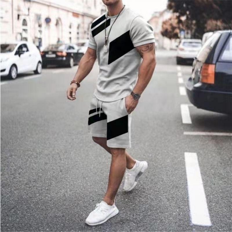 Men's Fashion Geometric Pattern Short-sleeve and Shorts Set Casual Loose Two-piece Outfit