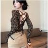 Chic Retro Leopard Print Lace-Up Backless Long Sleeve Top