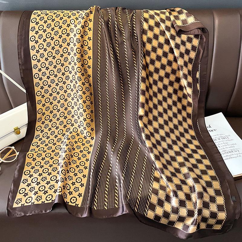 Classic Print Scarf Elegant Imitation Silk Shawl Women Windproof Head Wraps Casual Outdoor Travel Beach Towel