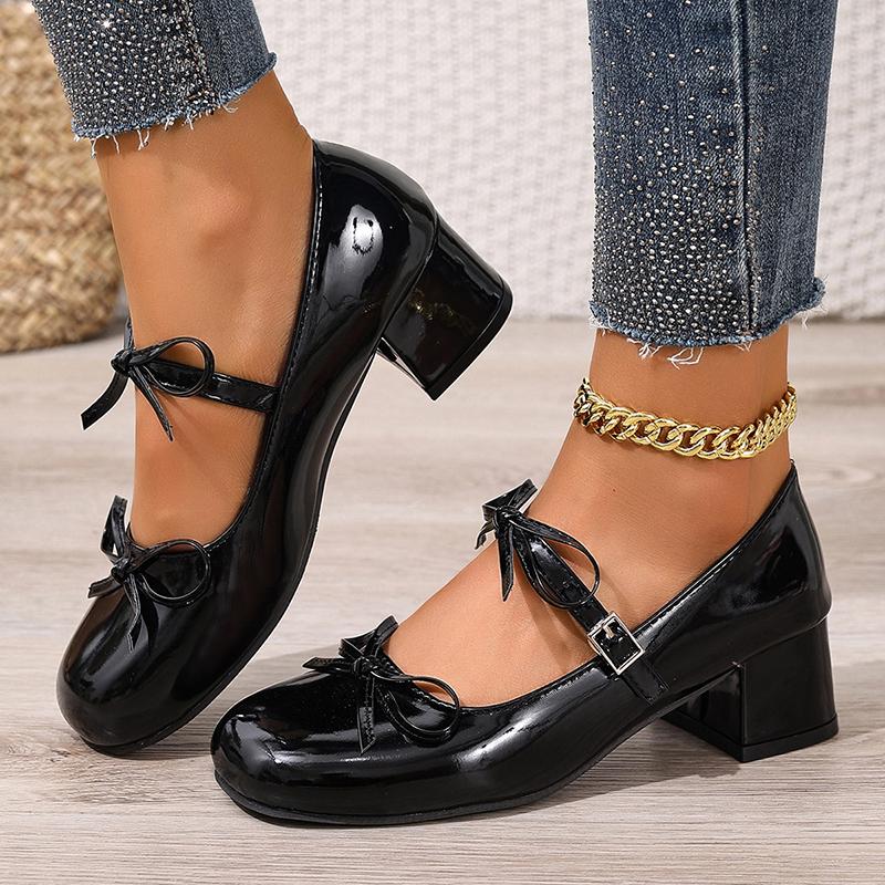 Fashion Elegant Bow Decor Mary Jane High Heels for Women Patent Leather Chunky Heel Pumps Ladies Summer Fashion Ankle Strap Dress Shoes