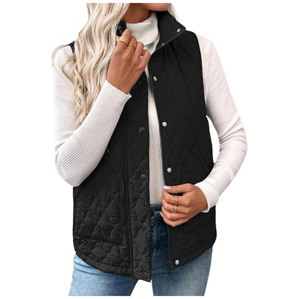 Women's Fashion Quilted Sleeveless Short Vest with Stand Collar Buttons and Zipper