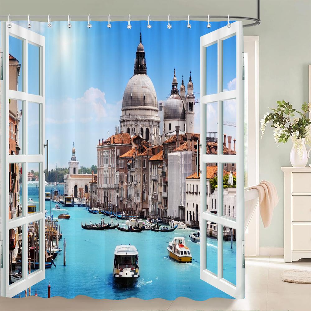 All Kinds Of 3D Scenery Windows Shower Curtains Home Decoration Curtains With Hooks Can Be Washed Waterproof Fabric 240X180Cm