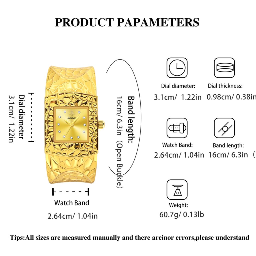 YaLaLuSi Gold Open Cuff Women Watch Square Green Dial Crystal Quartz Wrist Watch Luxury Gift Watch For Her