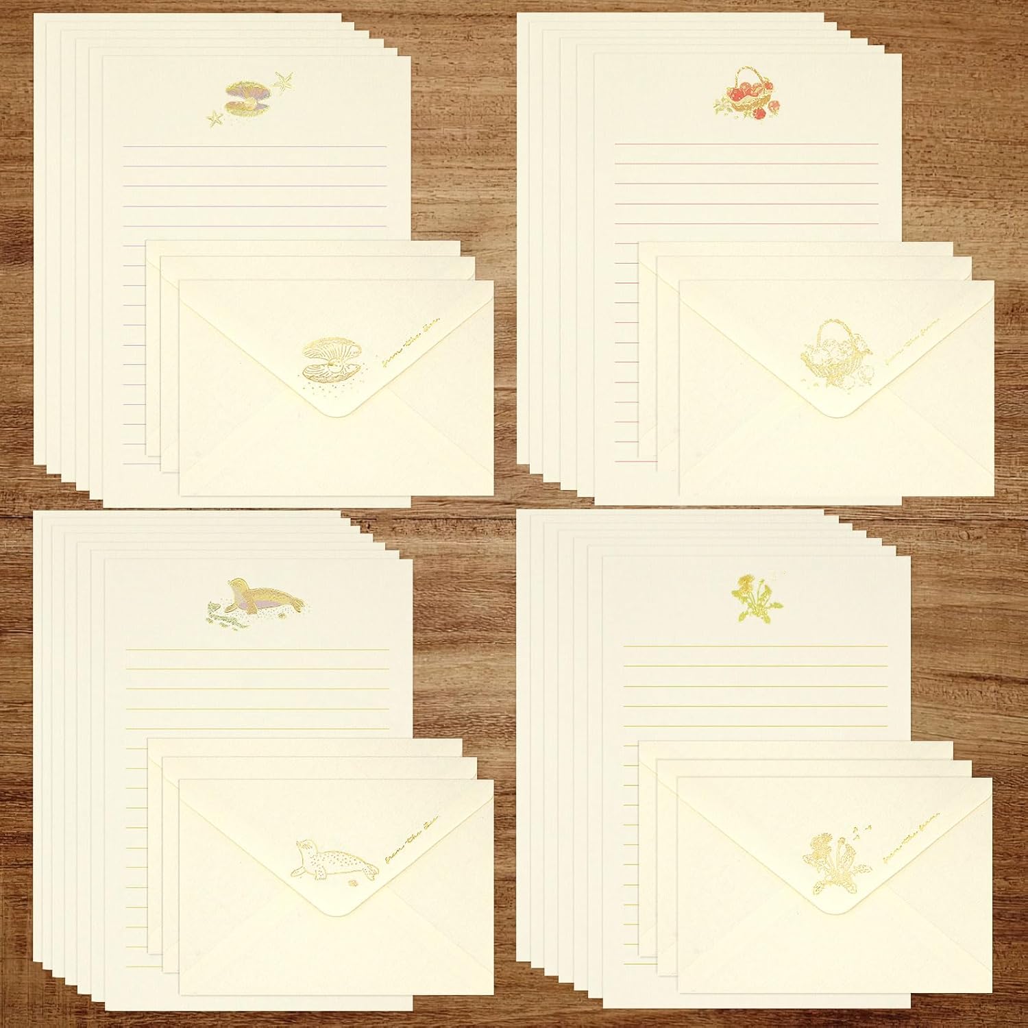 36PCS Stationery Paper and Envelopes Set,24 Lined Paper and 12 Envelopes Inlaid Shell Sea Star Flower Theme Pattern, White Minimalist Stationary Set