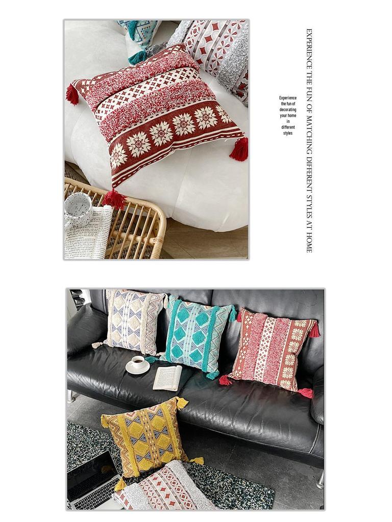 Bohemian Ethnic Flocking Linen Pillow Cover - Decorative Cushion for Sofa, Bedroom, or Bedside
