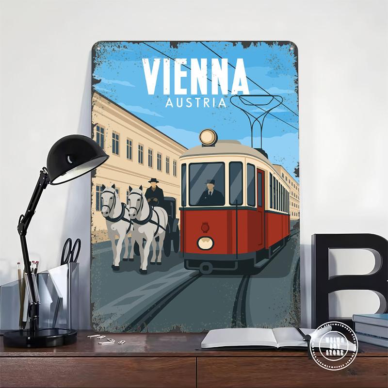 Vídeň Rakousko Cestovní plechová dóza Deska Plakát Přizpůsobitelné nástěnné umění Retro Vintage Kovové cedule pro Pánský doupě Dekorace místnosti Dekorace domu