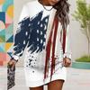 Women Plus Size Round Neck Long Sleeve American Flag Printed Ribbed Cuffs Mini Sweatshirt Dress