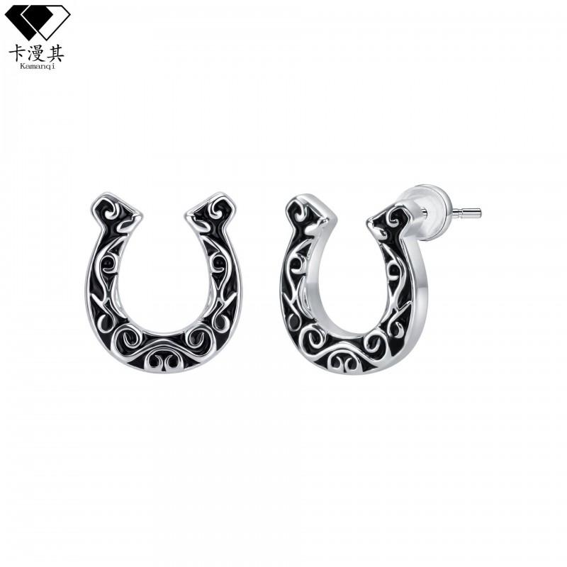 Geometric Horse U-Shaped Stud Earrings Women Post Black Resin Drop Minimalist Chic Fashion Jewelry Silver - Epoxy Black