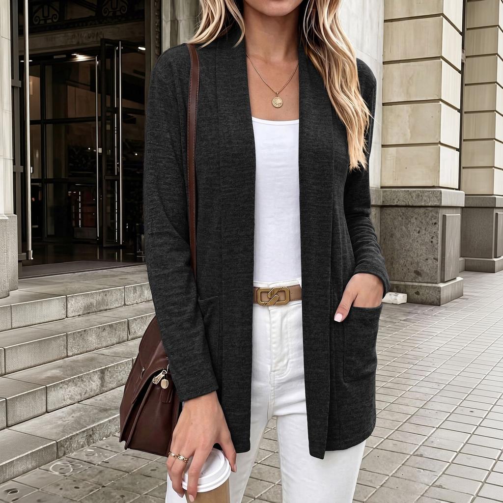 Women's Casual Long Sleeve Open Front Cardigan Knit Sweater with Pockets Lightweight Soft Comfortable Layering Top