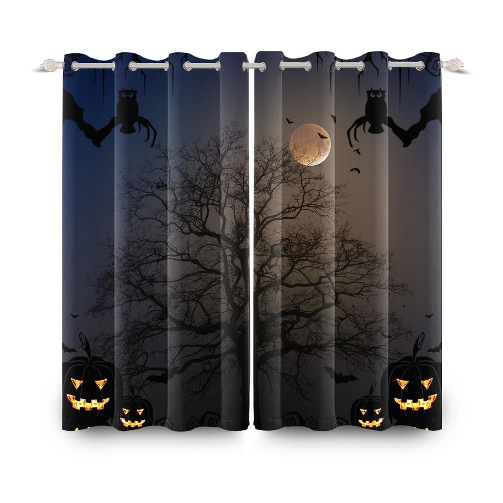 2pcs/set Horror Halloween Window Curtain Full Moon Night Tomb Iron Gate Back Room Home Bedroom Decor Blackout Polyester Curtains
