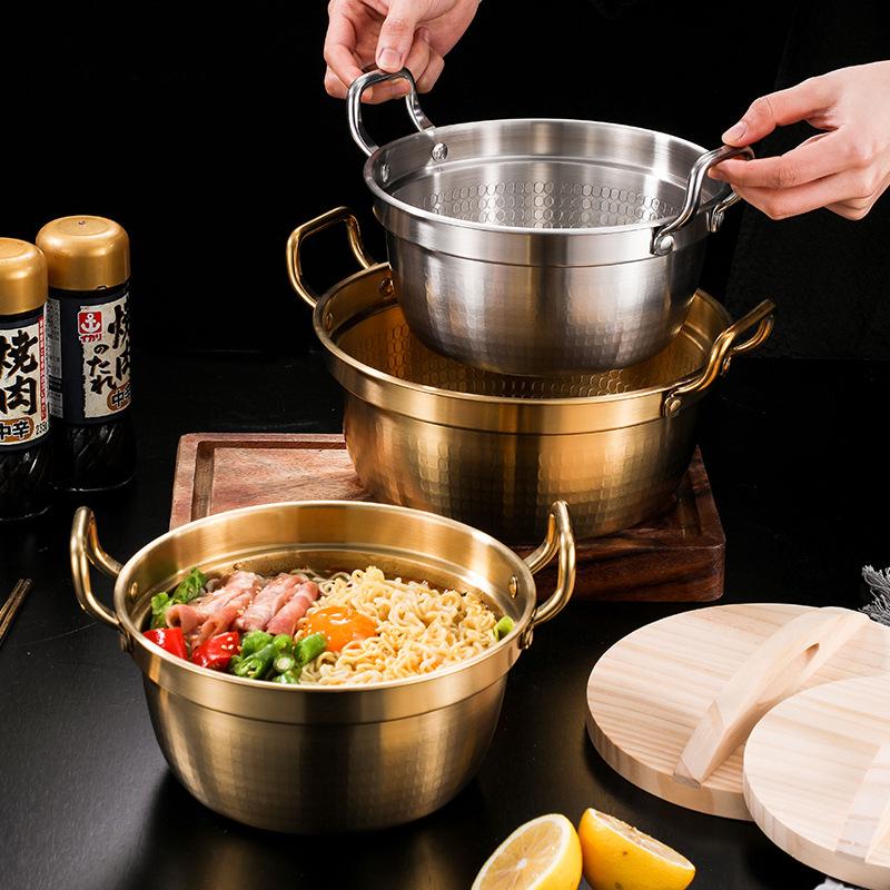 Korean Style Double Ear Stew Pots with Wooden Lid Stainless Steel Saucepan Ramen Pot Kitchen Cookware for Gas Induction Cooker