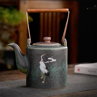 Japoński Czajnik z Grubej Ceramiki – Retro Ceramiczny Czajnik Kung Fu z Ręcznie Malowanym Motywem Żurawia