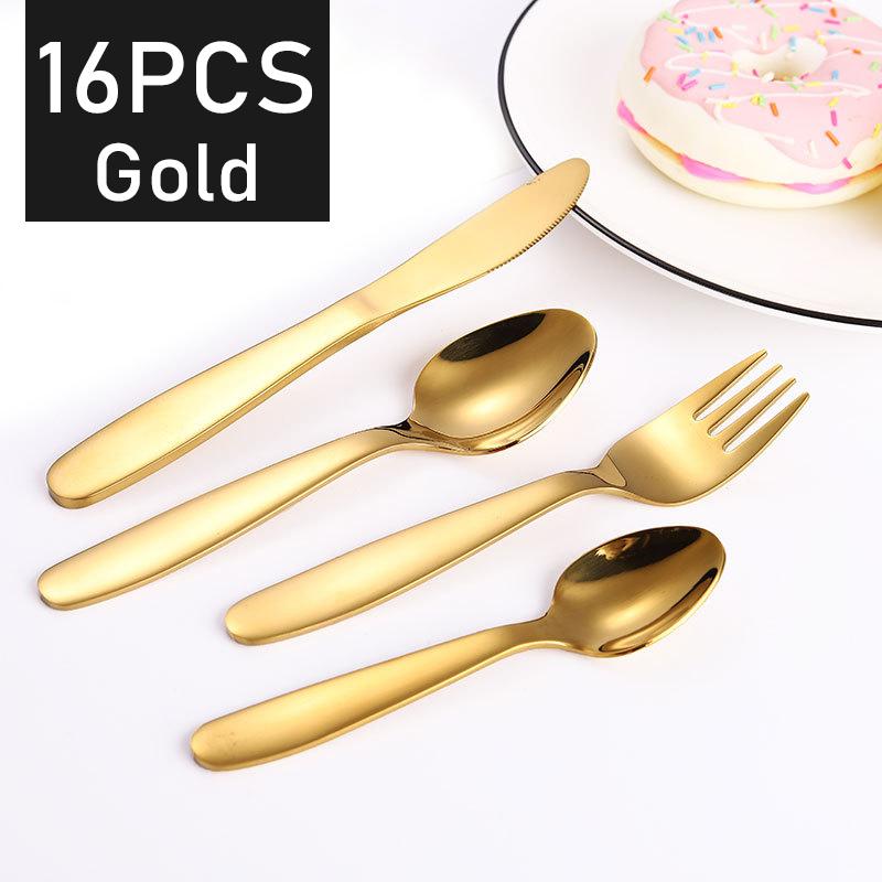 16pcs Cutlery Set Gold Kids Tableware Stainless Steel Mirror Dinnerware Dinner Tea Spoon Fork Knife Silverware Flatware Set