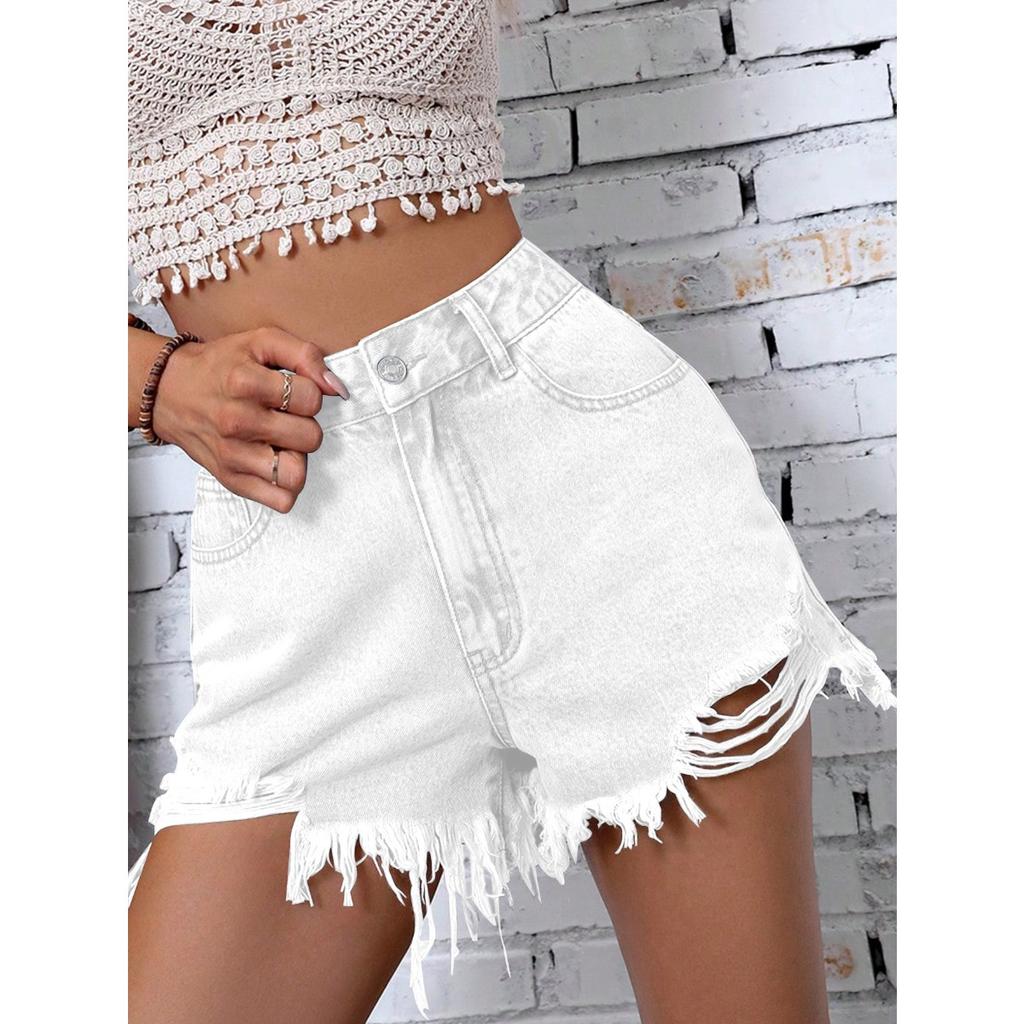 Women's High Rise Denim Shorts Straight Fit Ripped Frayed Streetwear Jean Shorts