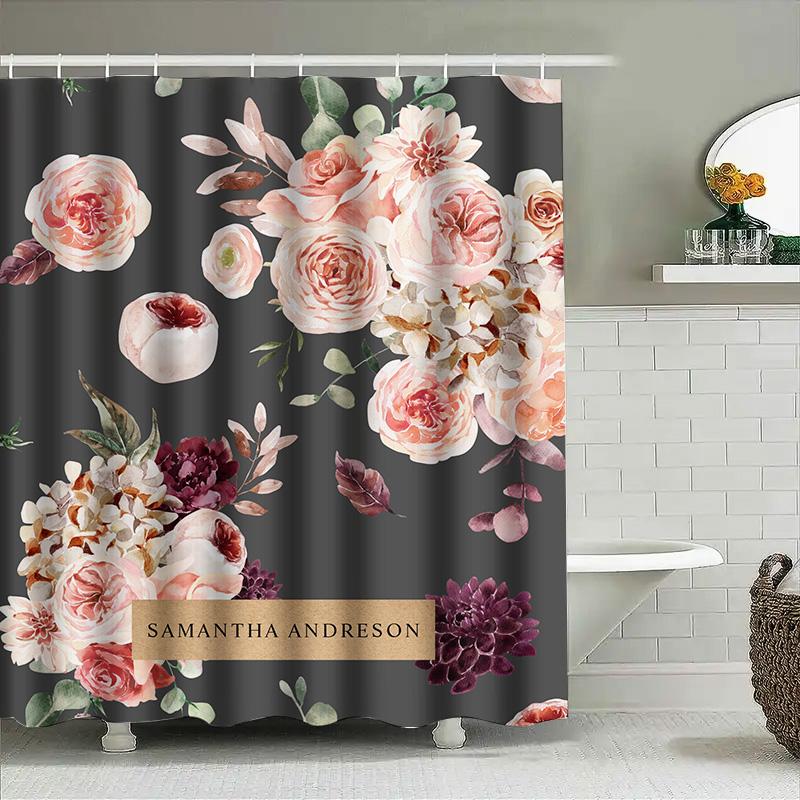 Pink Floral Bath Shower Curtain Set with Personalized Name for Bathroom Decor Black Background Waterproof Fabric Customizable Si