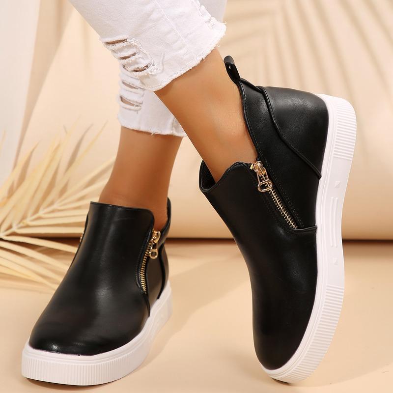 Fashion Inside Heightened Single Shoes Autumn New Round Toe Side Zipper Platform Non-Slip Wear-Resistant Flats