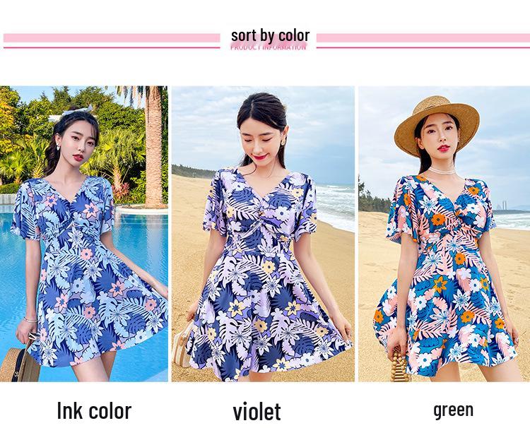 Plus Size Women's Tummy Control Slimming One-Piece Skirted Swimsuit - Conservative Fashion Print