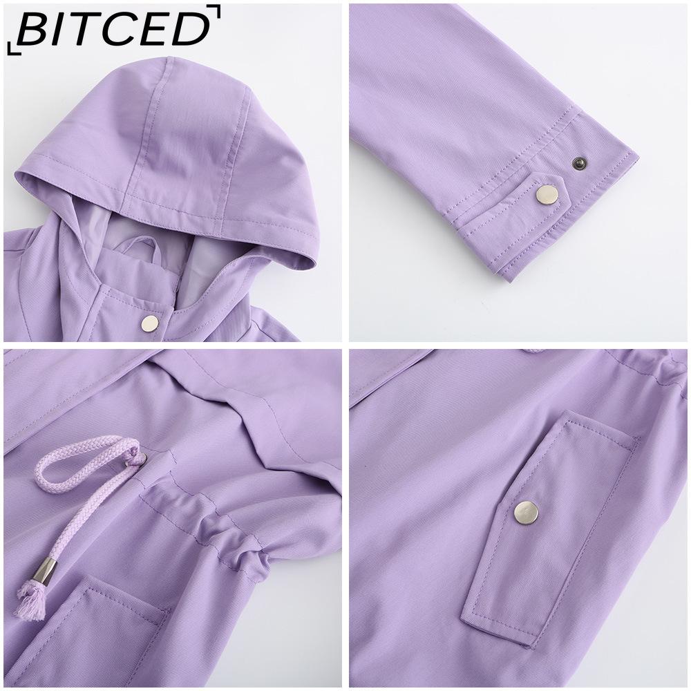 BITCED Lightweight Trench Coat Mid-Length Hooded Jacket Long Sleeves Fitted Waist Outdoor Rainproof Clothing