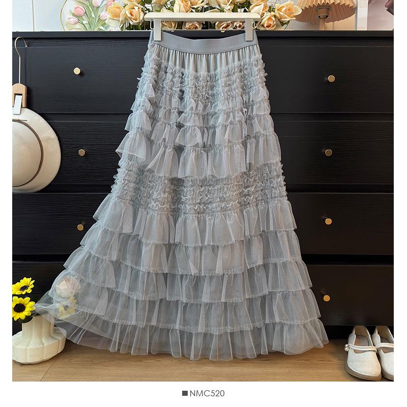 Elegant French Ruffled Multi-layered A-line Fluffy High-waisted Pleated Skirt for Women - Autumn 2025 Collection