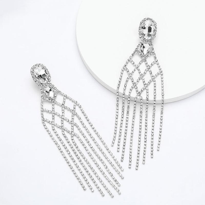 

Rhinestone Accessories, Fashion Mesh Tassel Earrings, Exaggerated Luxury Earrings Women S Earrings серебряный