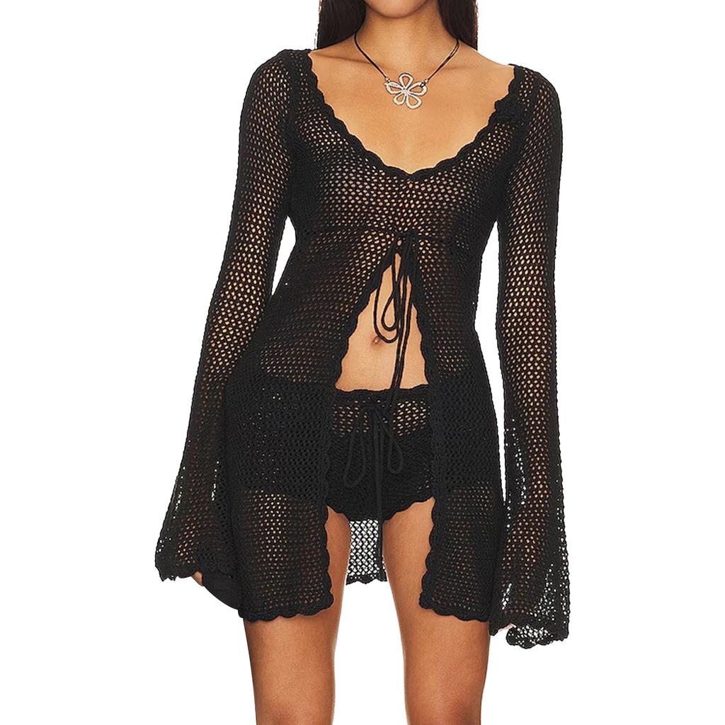 Women Bikini Cover Up Solid Color Cutout Long Sleeve Tie-Up Summer Swimsuit Coverup Crochet Bathing Suit Cover Ups Beach Tops