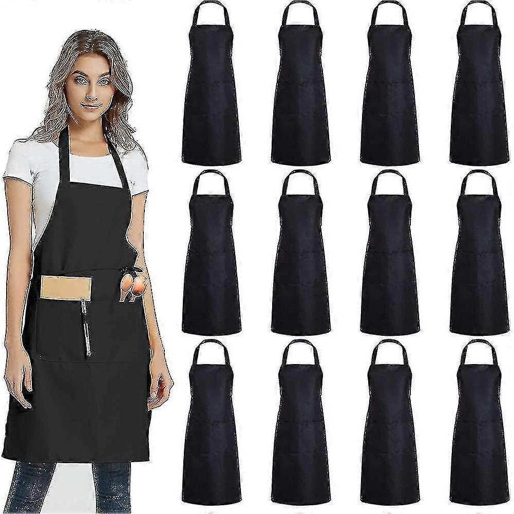 6 Pack Plain Bib Aprons With 2 Pockets - Black Unisex Commercial Apron Bulk