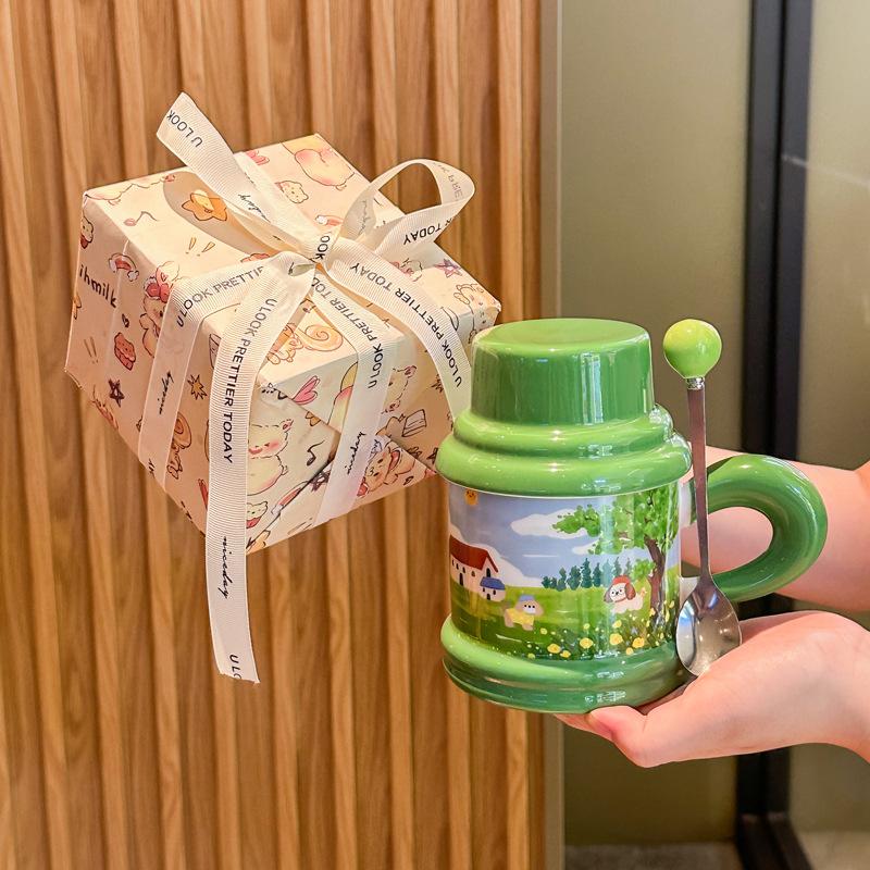 Cute Fairy Tale Puppy Water Cup Couple High Value Ceramic Mug with Lid Spoon Birthday Graduation Gift for Boys and Girls