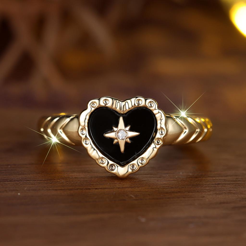 Retro Black Heart Rings for Women Novel Design Sun Pattern Enamel Ring Vintage Gold Color Female Accessories Punk Jewelry
