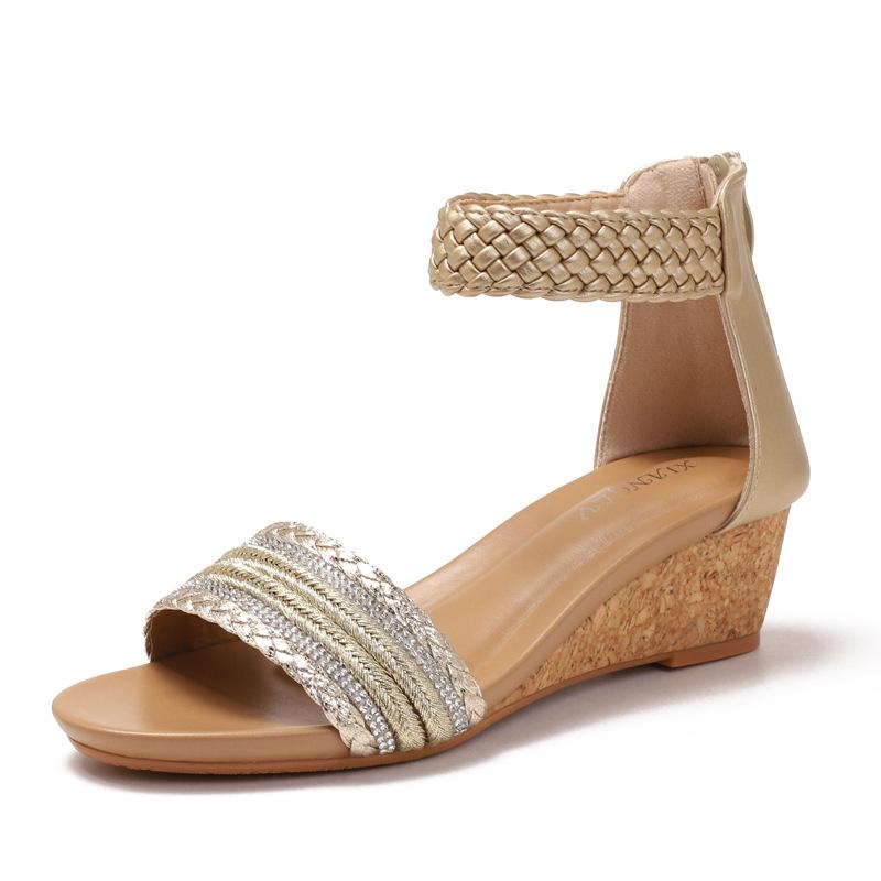 

Wedge heel strap woven Roman shoes summer new rear zipper bohemian vacation sandals 36