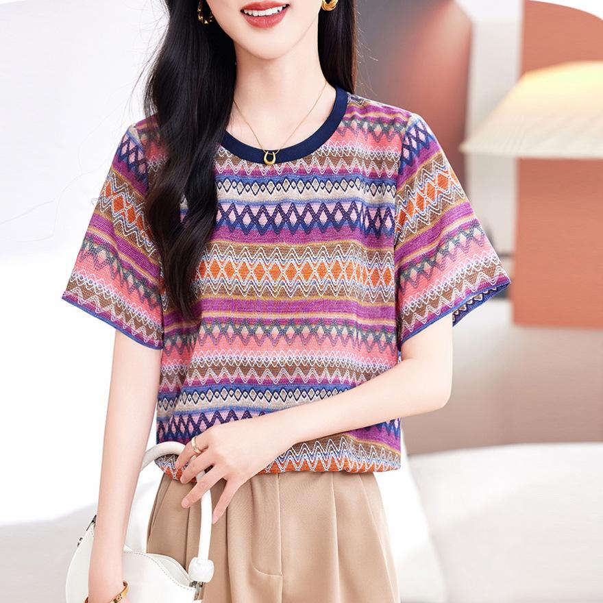 

Женская футболка с коротким рукавом в стиле ретро с контрастной полоской, летняя новинка, модная футболка, темпераментный топ из тутового шелка 3XL